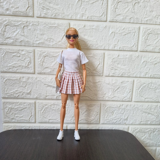 White T-Shirt and Pink Plaid Pleated Skirt Set for Barbie