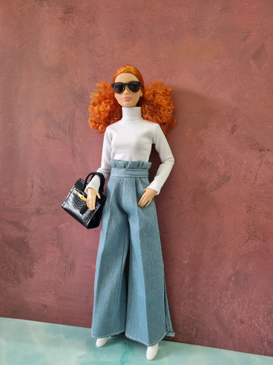 White Ribbed Top & Light Denim Cargo Pants for Barbie
