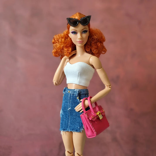 White croptop and jean skirt for barbie doll , 11.5" doll , 1/6 doll