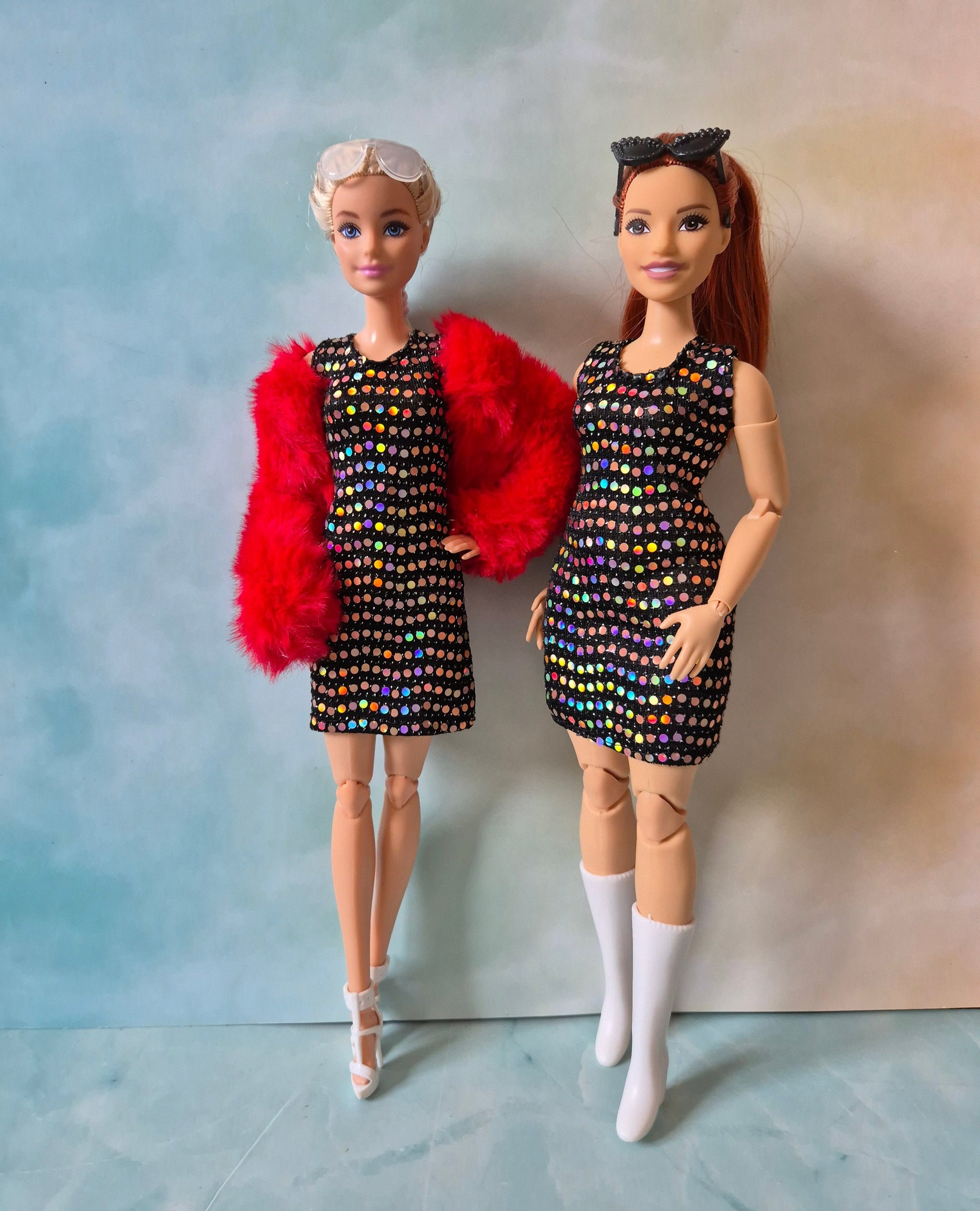 Barbie and Curvy barbie with dress, red jacket