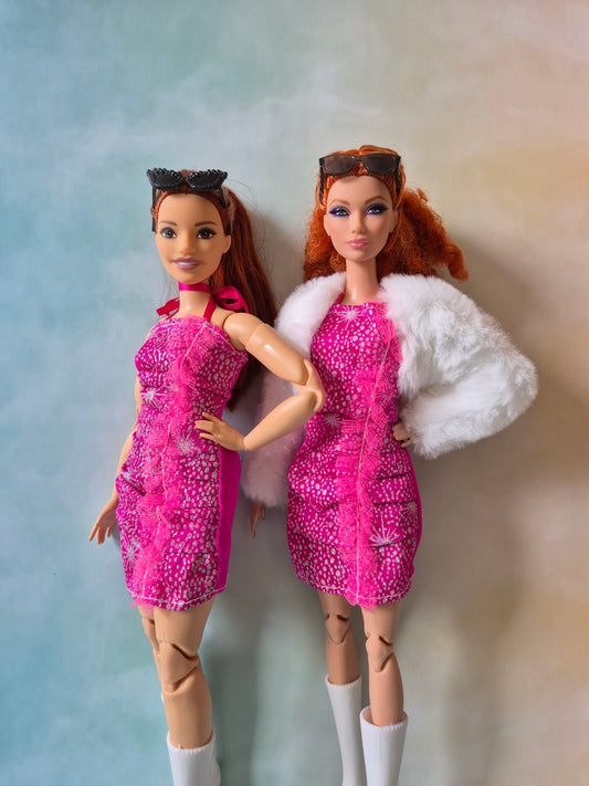 Pink dress and white jacket for barbie doll