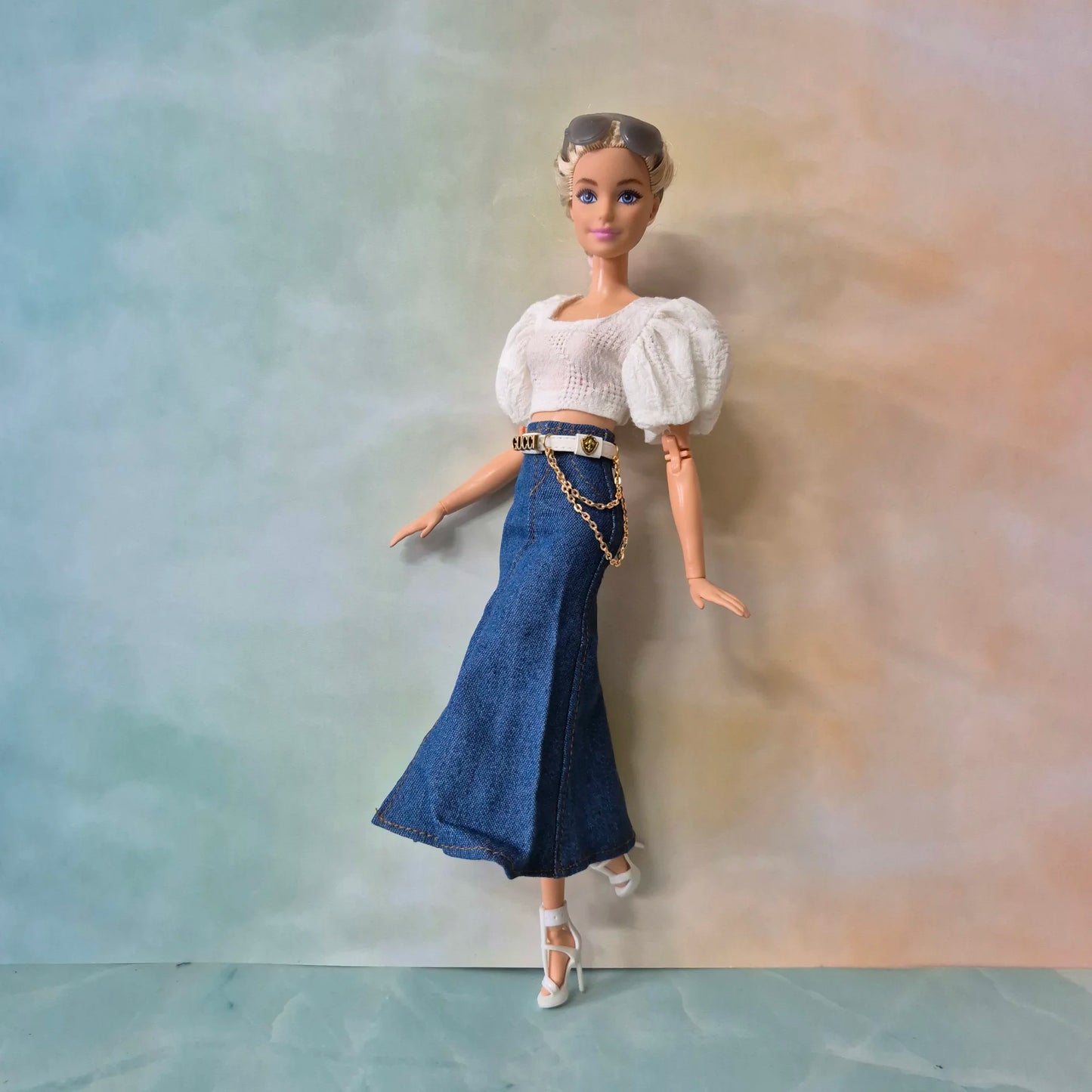 White top and jean skirt for Barbie