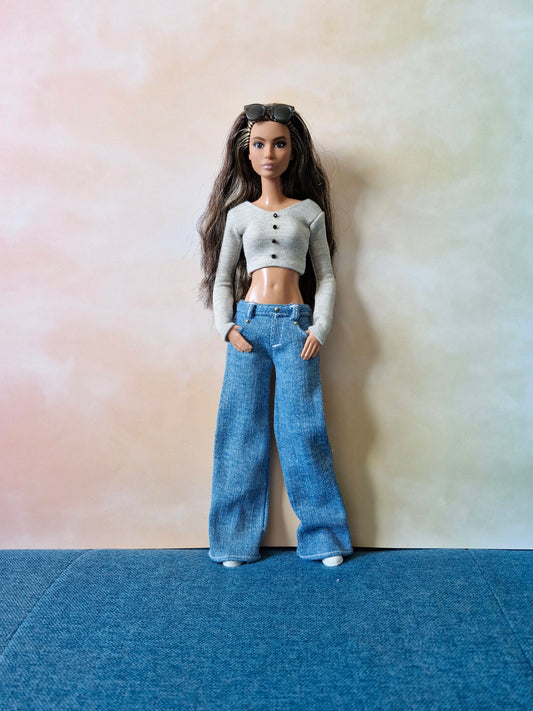 Long sleeve crop top outfits with jeans for Barbie