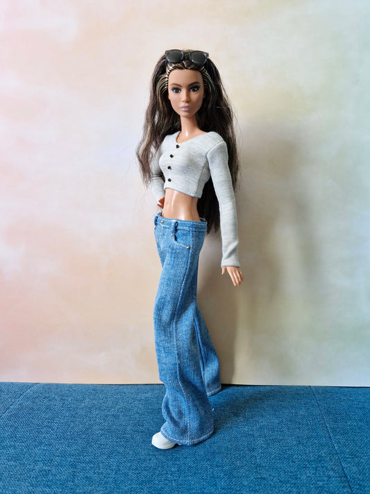 Long sleeve crop top outfits with jeans for Barbie