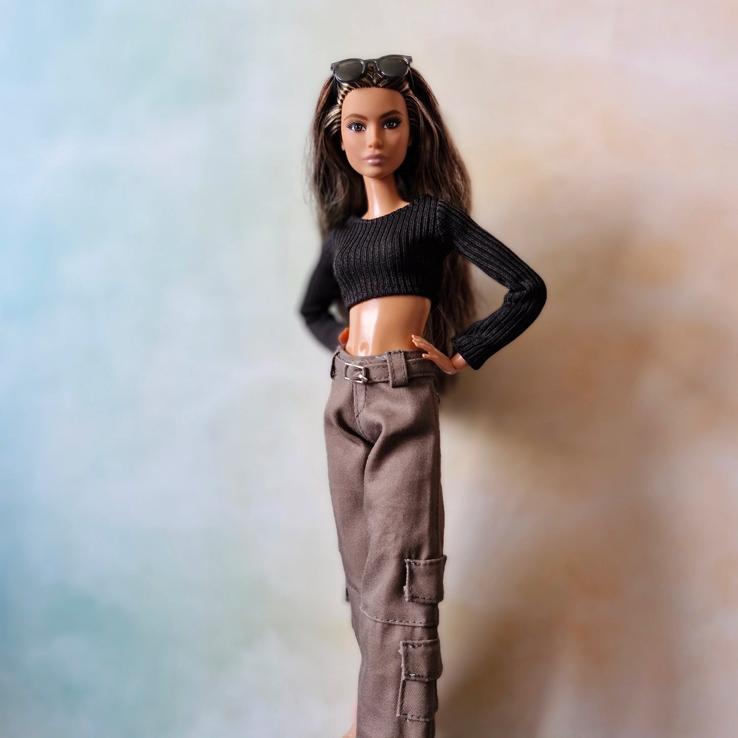 Black top and khaki pants for Barbie doll