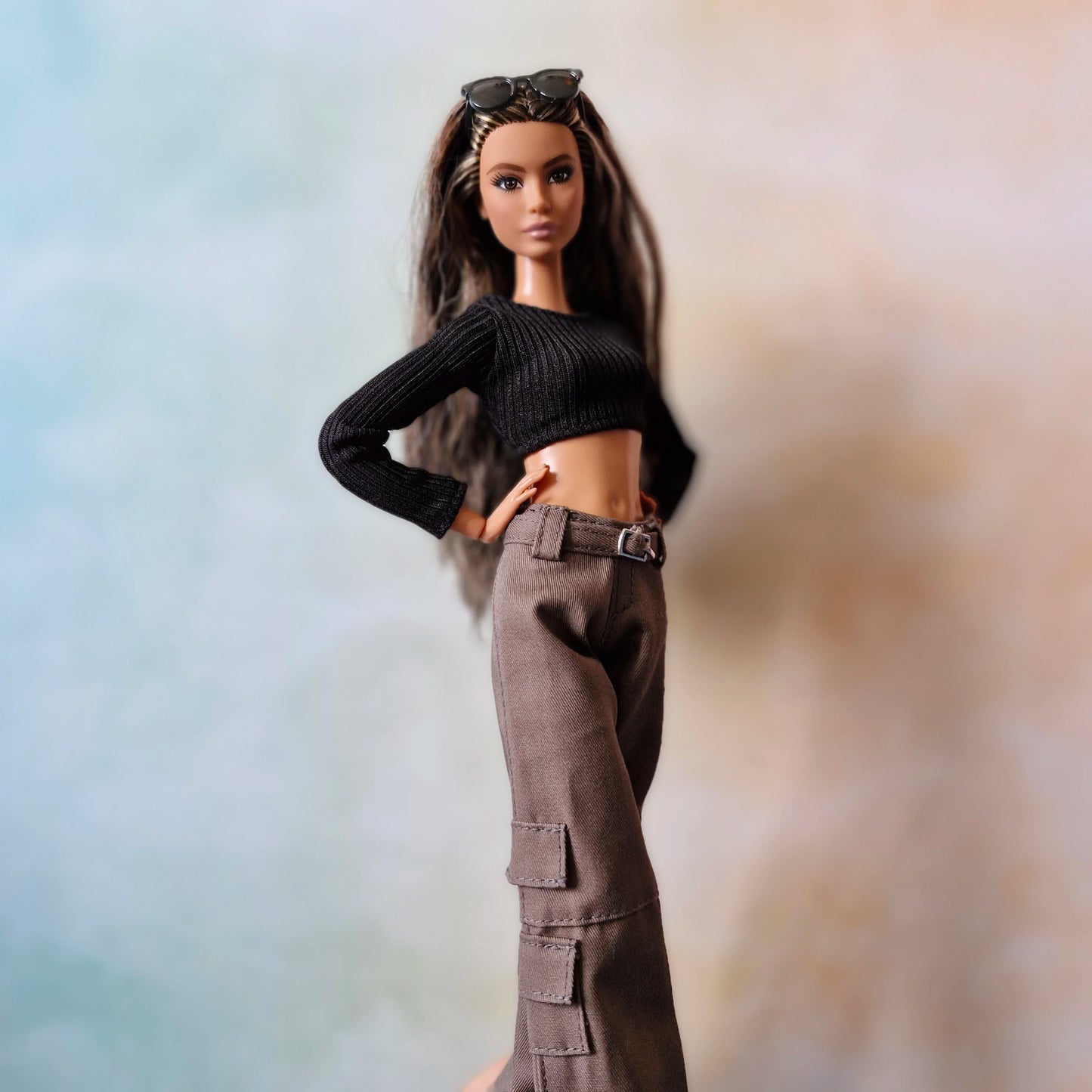 Black top and khaki pants for Barbie doll
