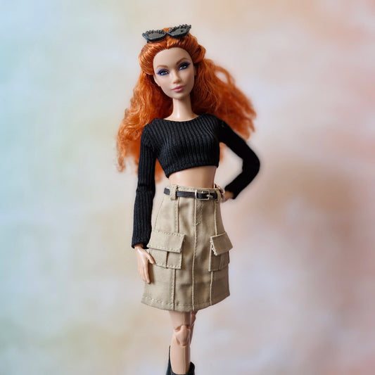 Black croptop and khaki skirt for barbie