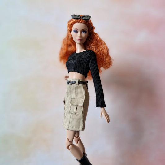 Black croptop and khaki skirt for barbie