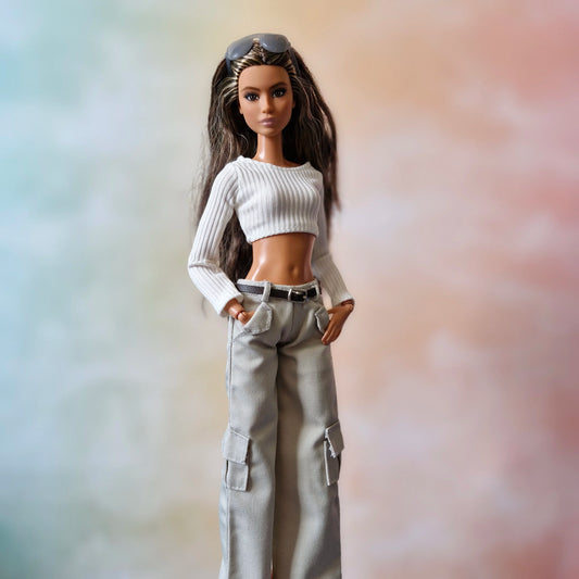 White top and khaki pants with belt for Barbie doll , 12 inch doll
