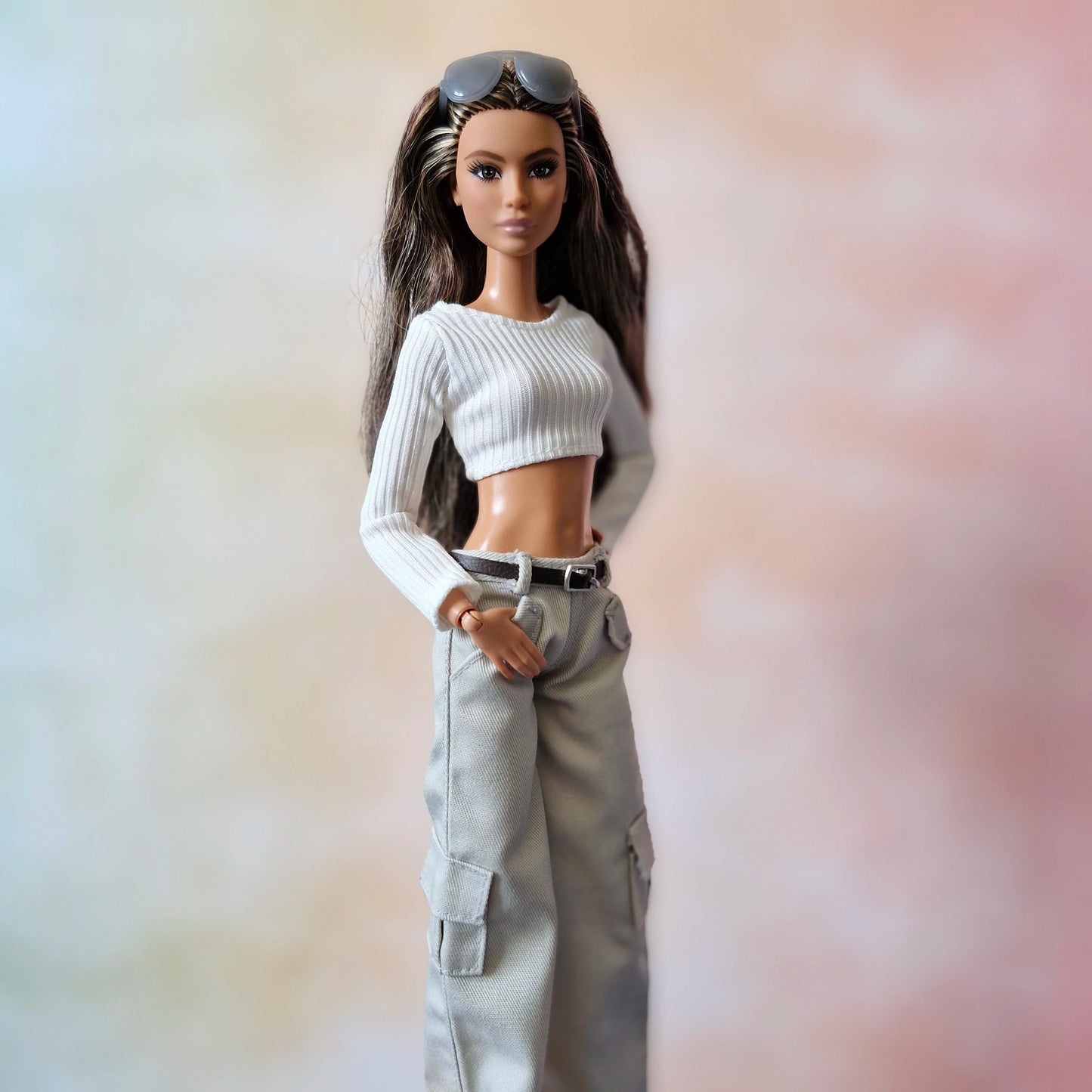 White top and khaki pants with belt for Barbie doll , 12 inch doll