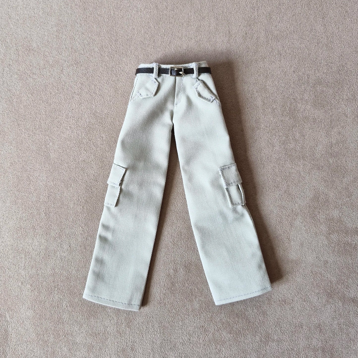 White top and khaki pants with belt for Barbie doll , 12 inch doll