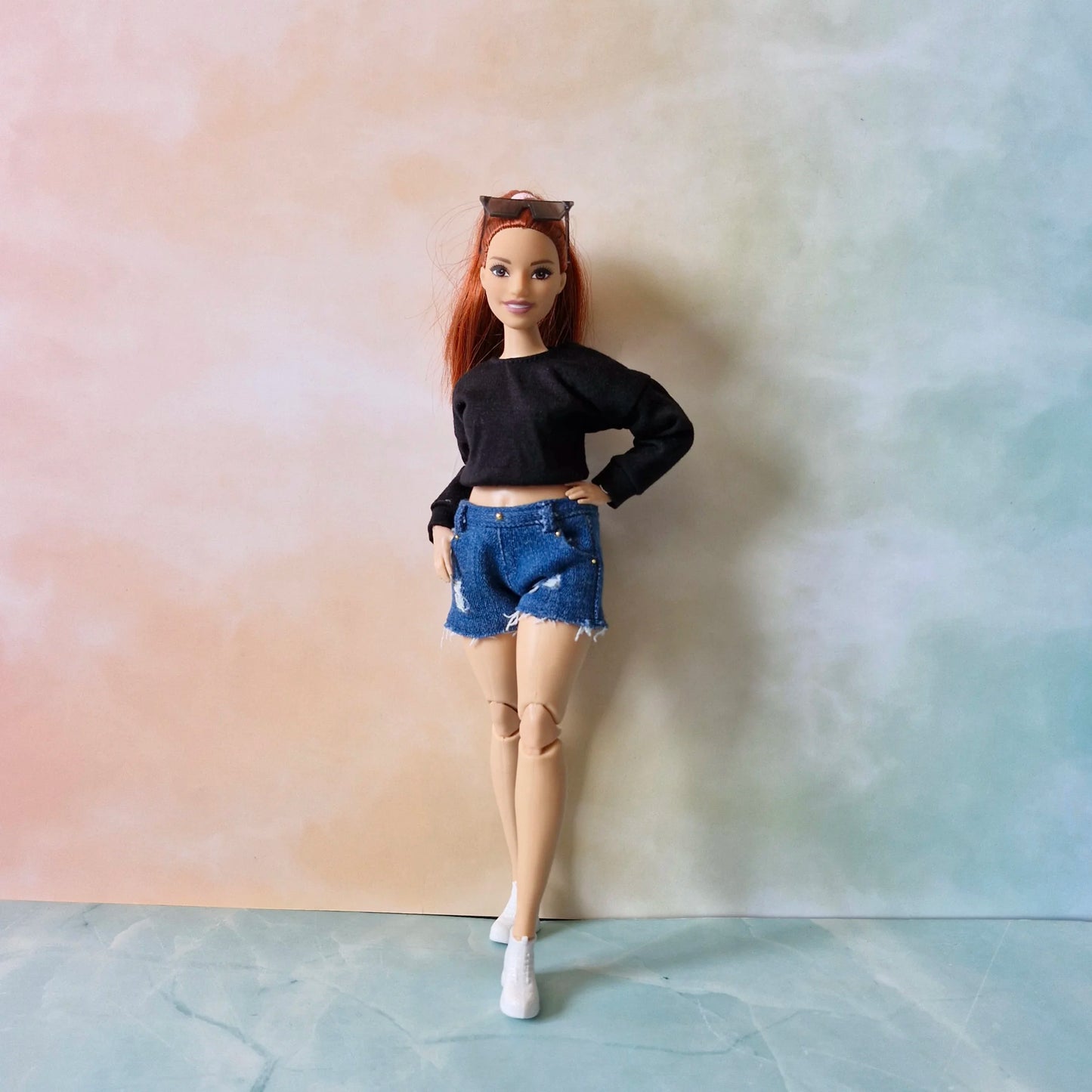 Black top and short jean outfit for Barbie Curvy