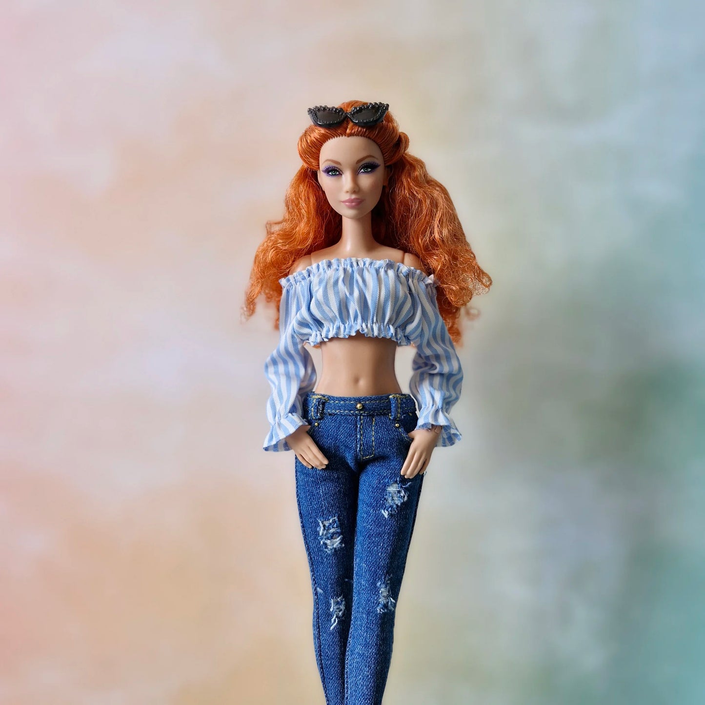 Off Shoulder Long Sleeve Crop Top and Jeans outfit for Barbie doll