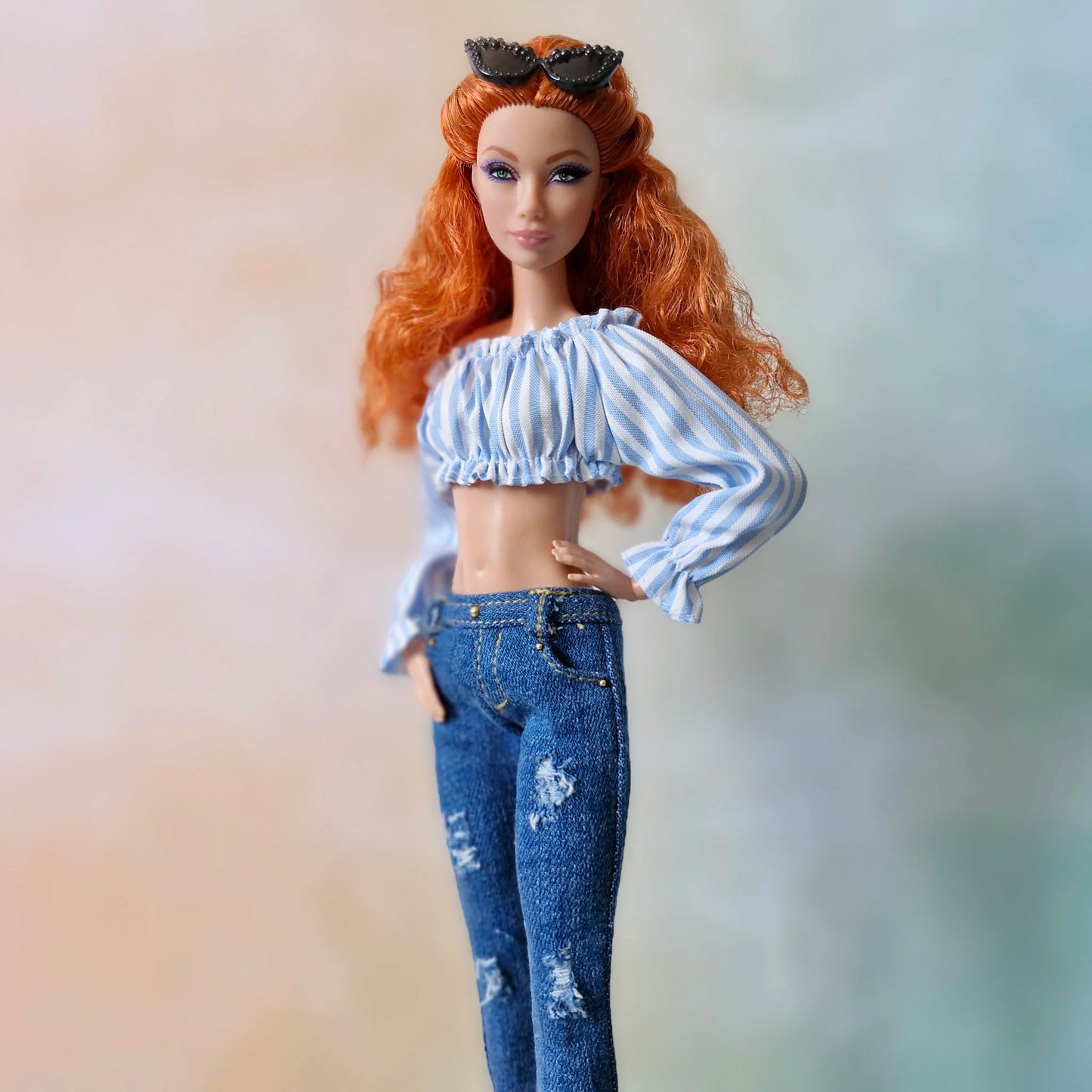 Off Shoulder Long Sleeve Crop Top and Jeans outfit for Barbie doll