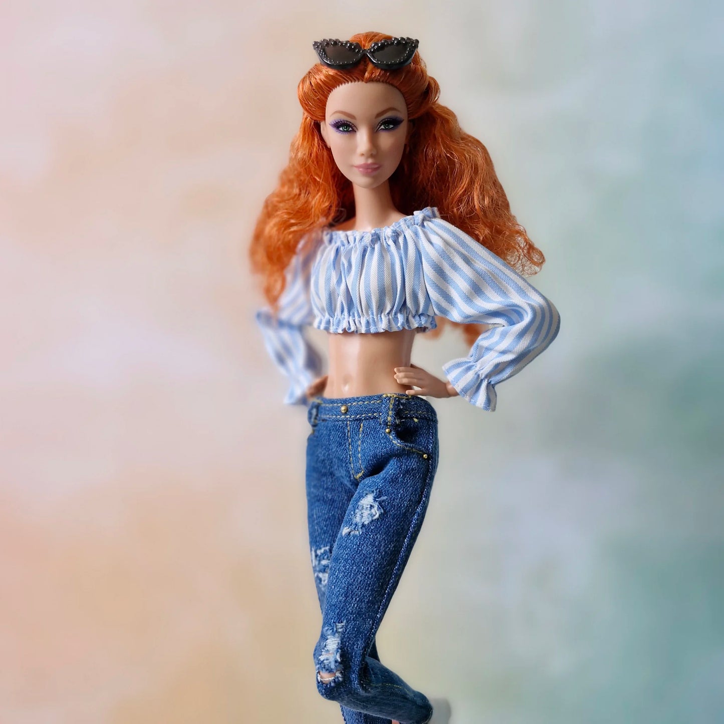 Off Shoulder Long Sleeve Crop Top and Jeans outfit for Barbie doll
