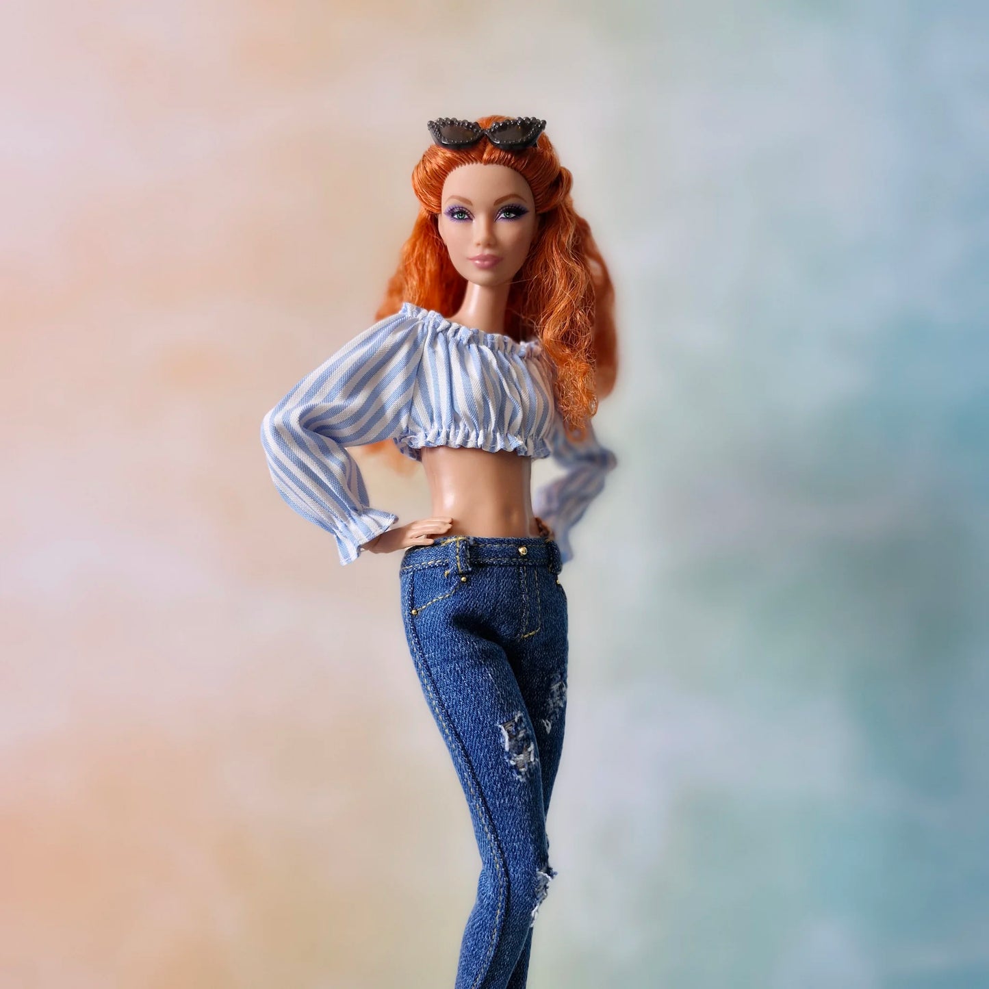Off Shoulder Long Sleeve Crop Top and Jeans outfit for Barbie doll