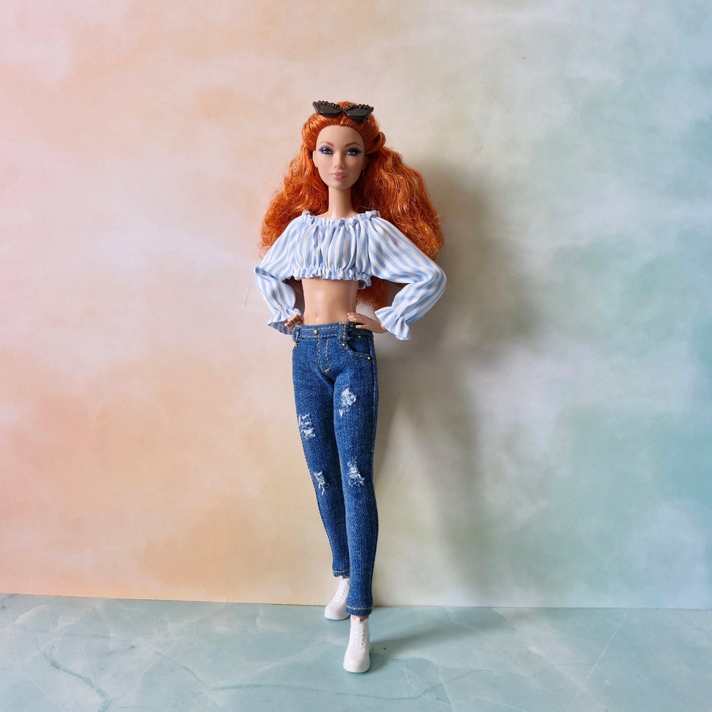 Off Shoulder Long Sleeve Crop Top and Jeans outfit for Barbie doll
