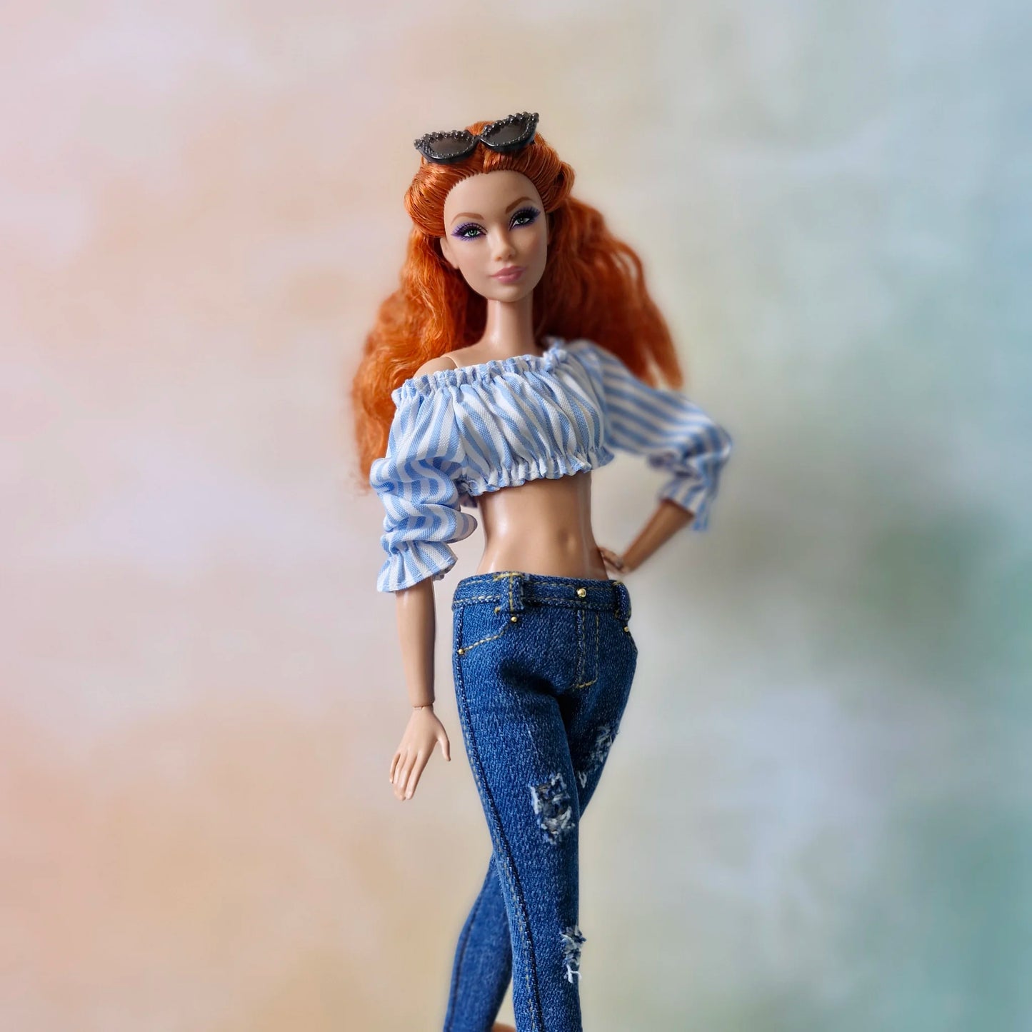 Off Shoulder Long Sleeve Crop Top and Jeans outfit for Barbie doll