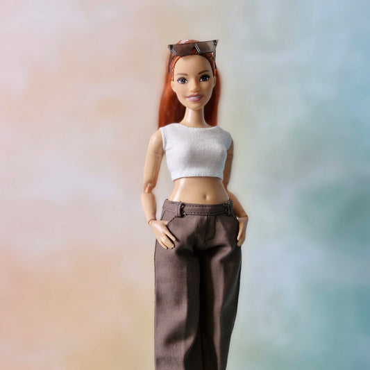 White cropped tank top and low rise wide leg for Barbie Curvy