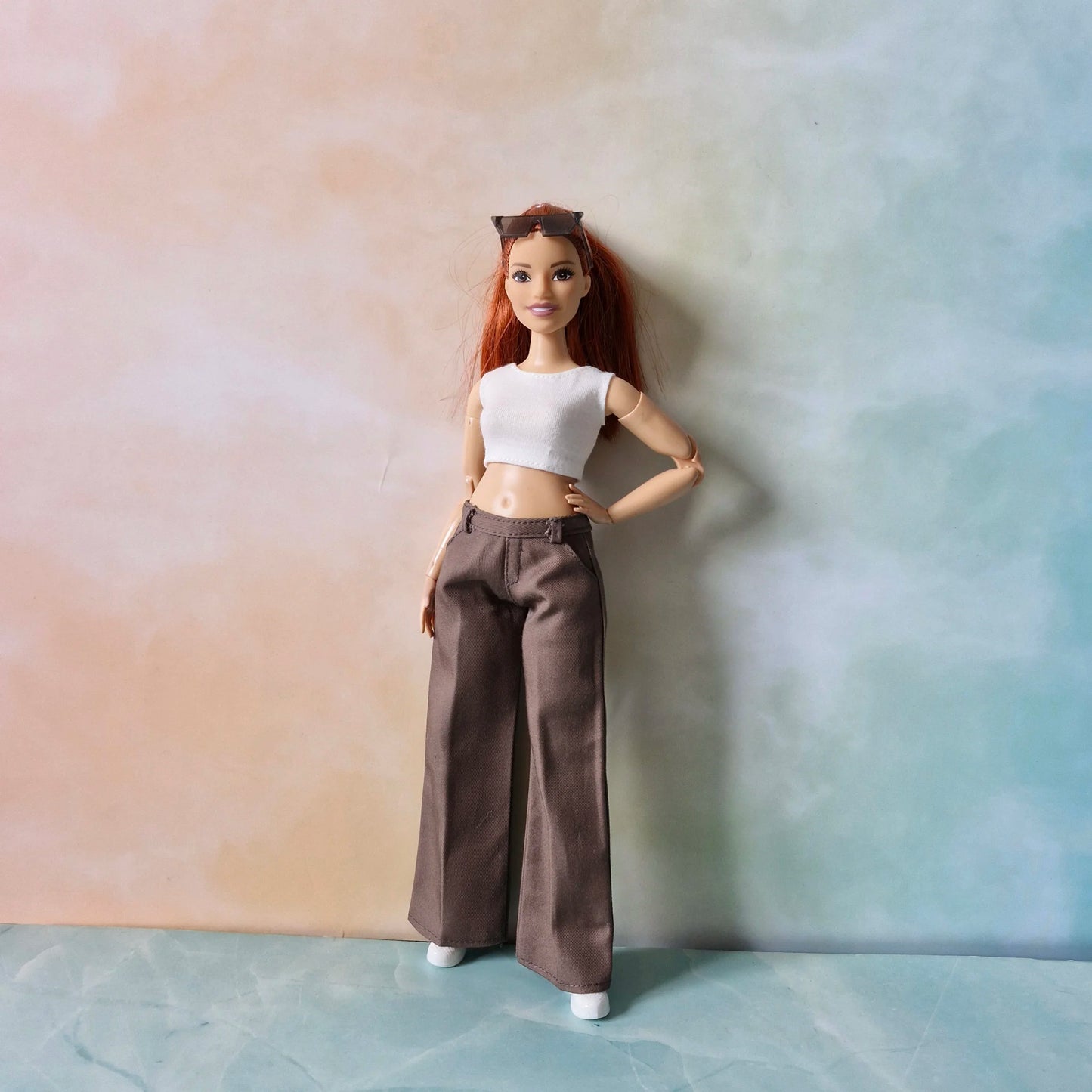 White cropped tank top and low rise wide leg for Barbie Curvy