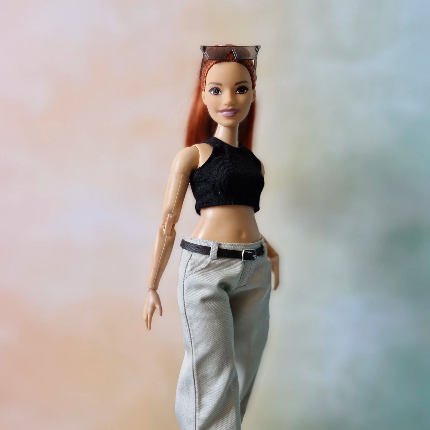 Black crop top and Khaki wide leg pants for Barbie Curvy doll