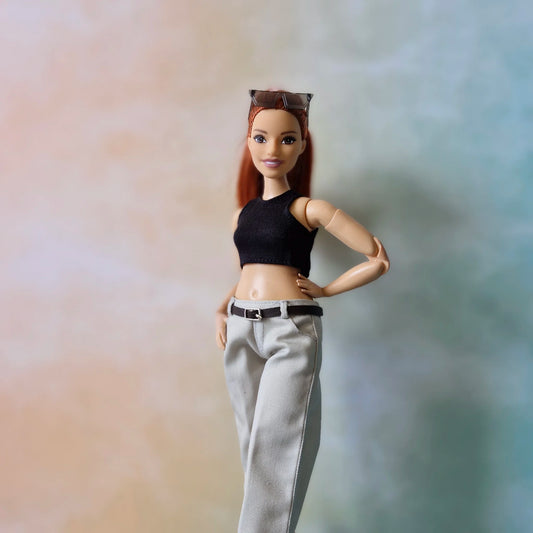 Black crop top and Khaki wide leg pants for Barbie Curvy doll