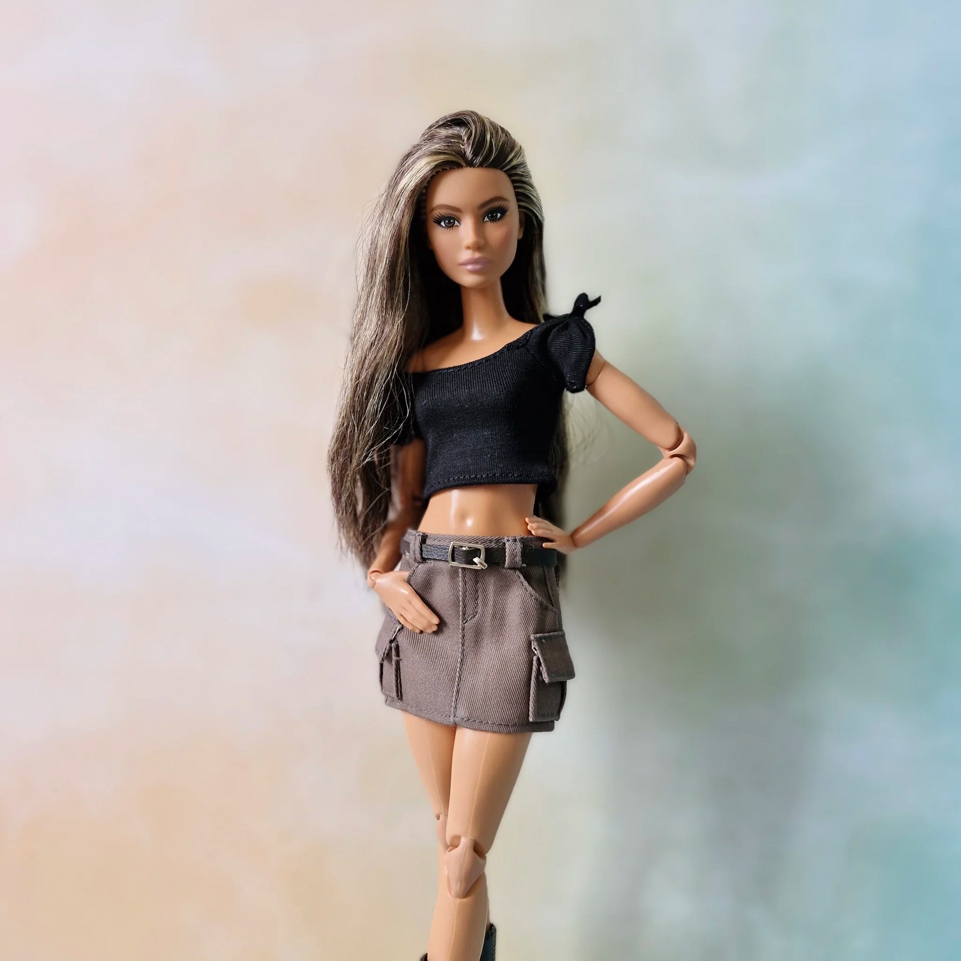 Black Crop top and mini cargo skirt for Barbie doll.