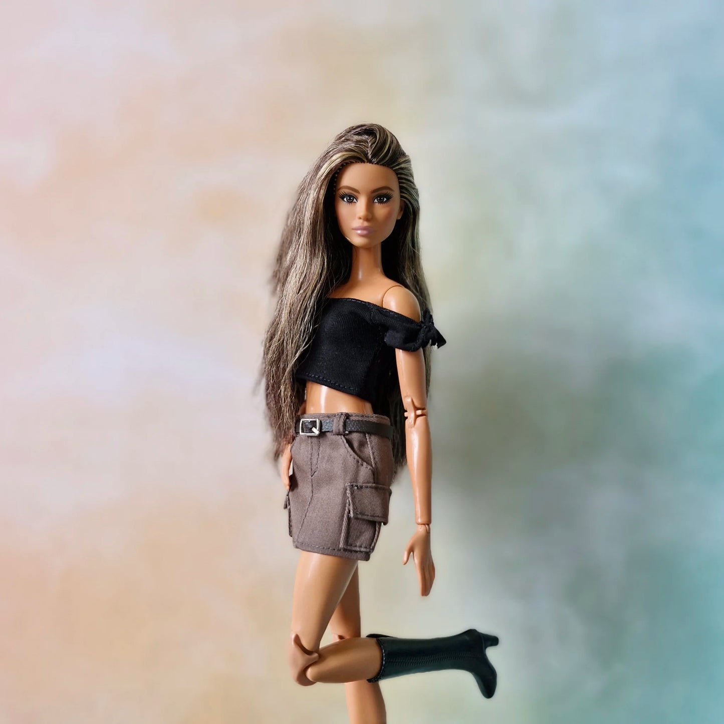 Black Crop top and mini cargo skirt for Barbie doll.