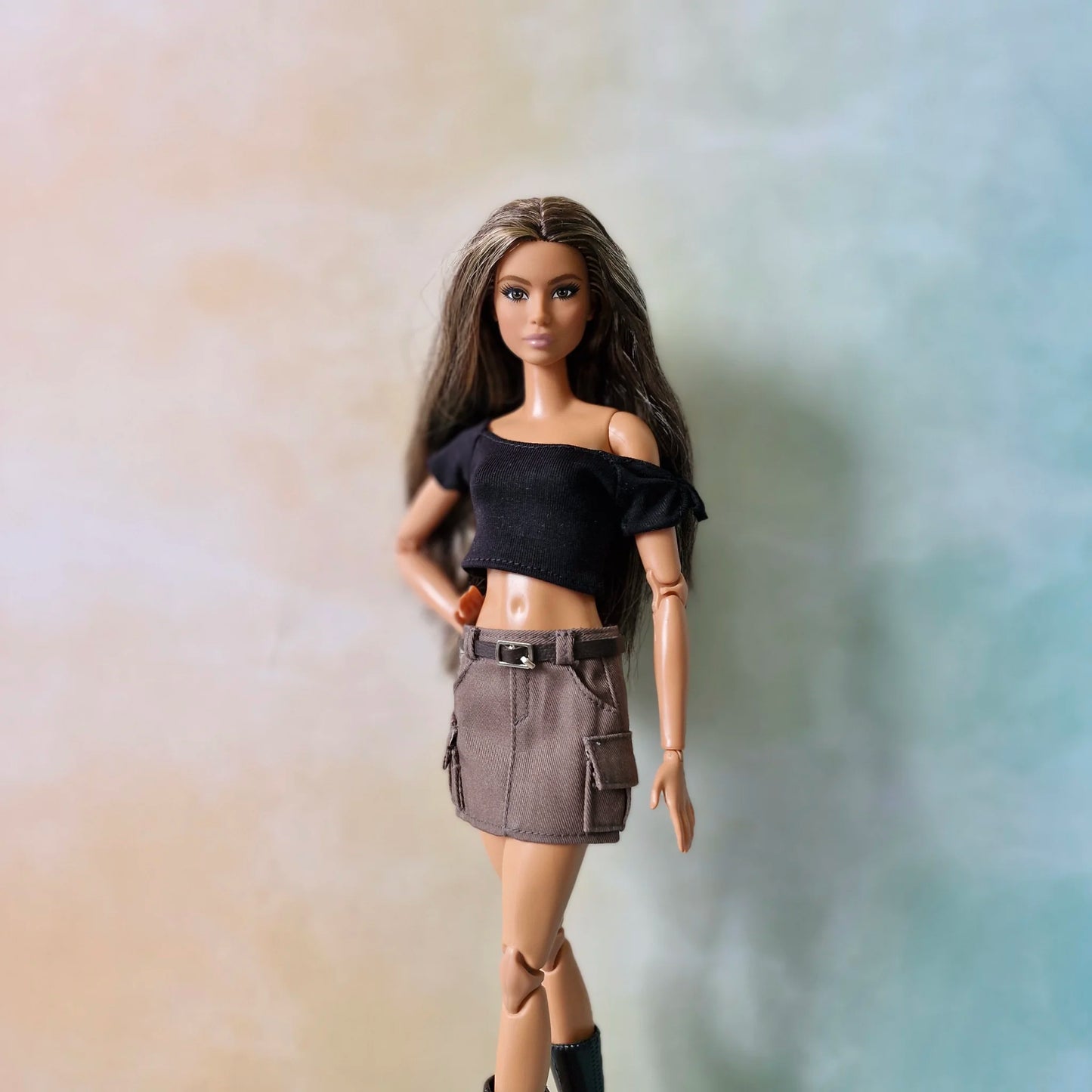 Black Crop top and mini cargo skirt for Barbie doll.