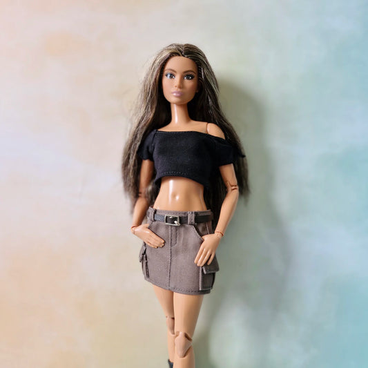 Black Crop top and mini cargo skirt for Barbie doll.