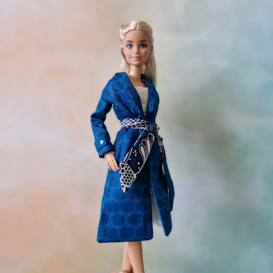 Outfit Long blue trench coat and white lace dress for Barbie doll