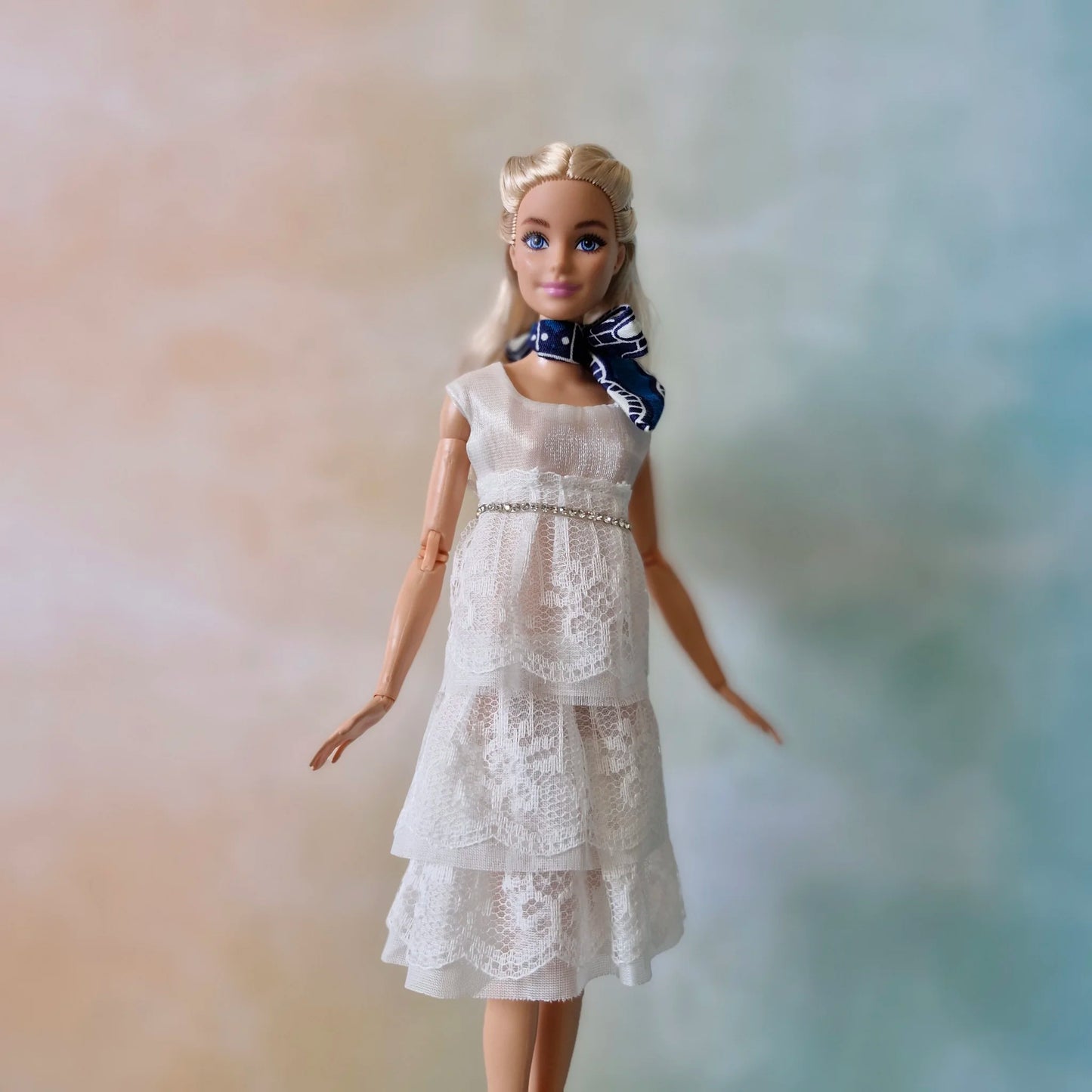 Outfit Long blue trench coat and white lace dress for Barbie doll