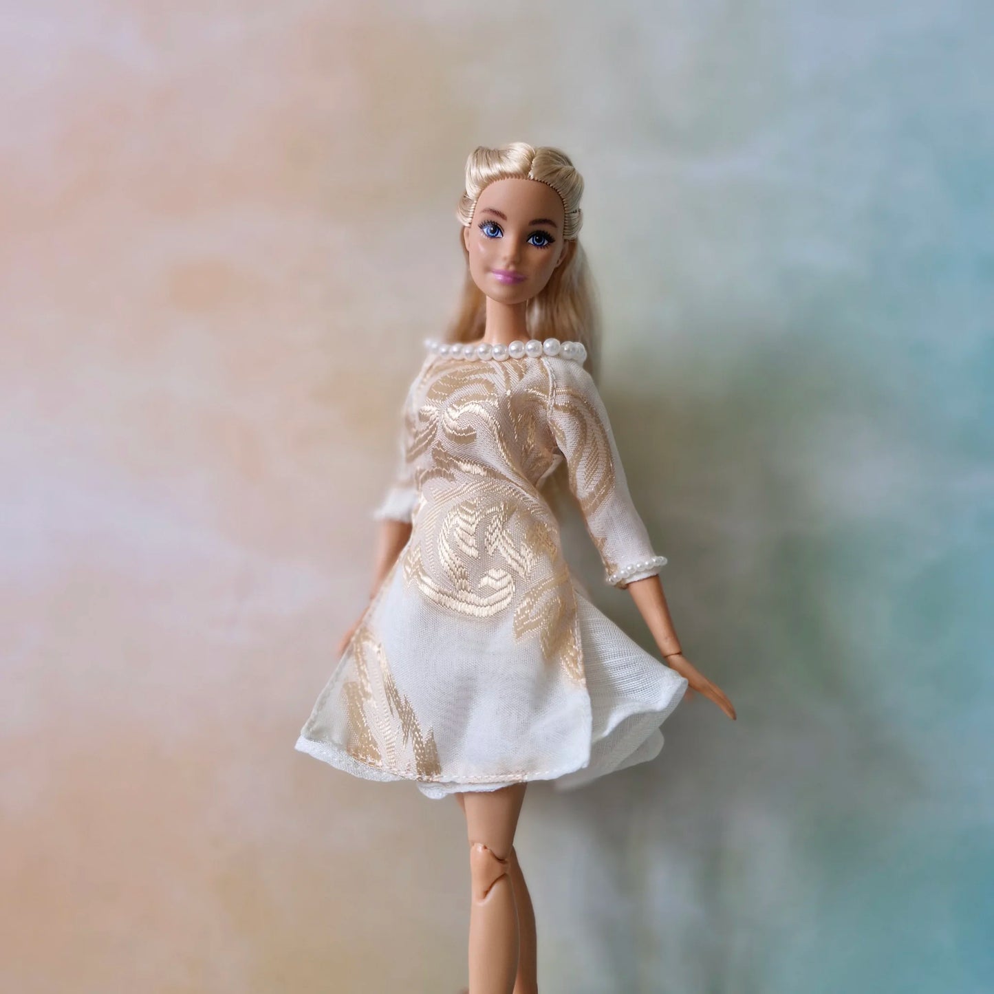 Handmade Doll Dress - White & Gold Floral with Pearls for Barbie doll