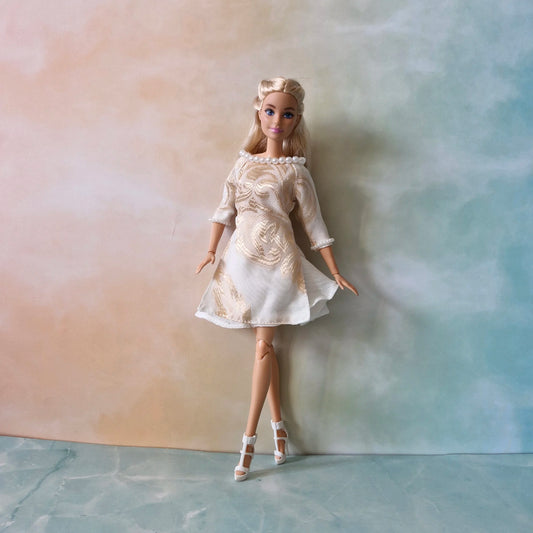 Handmade Doll Dress - White & Gold Floral with Pearls for Barbie doll