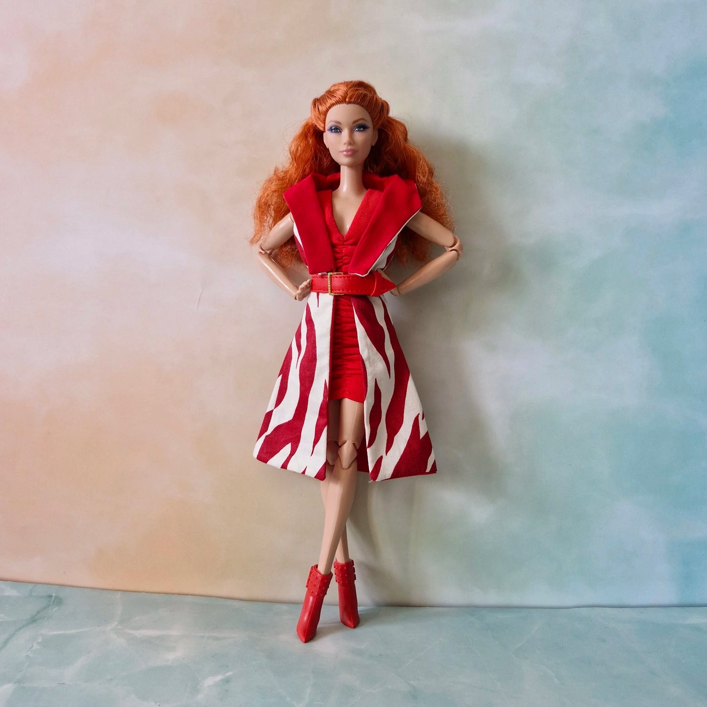 Barbie Outfit Set: Handmade Red Dress & Coat with Belt