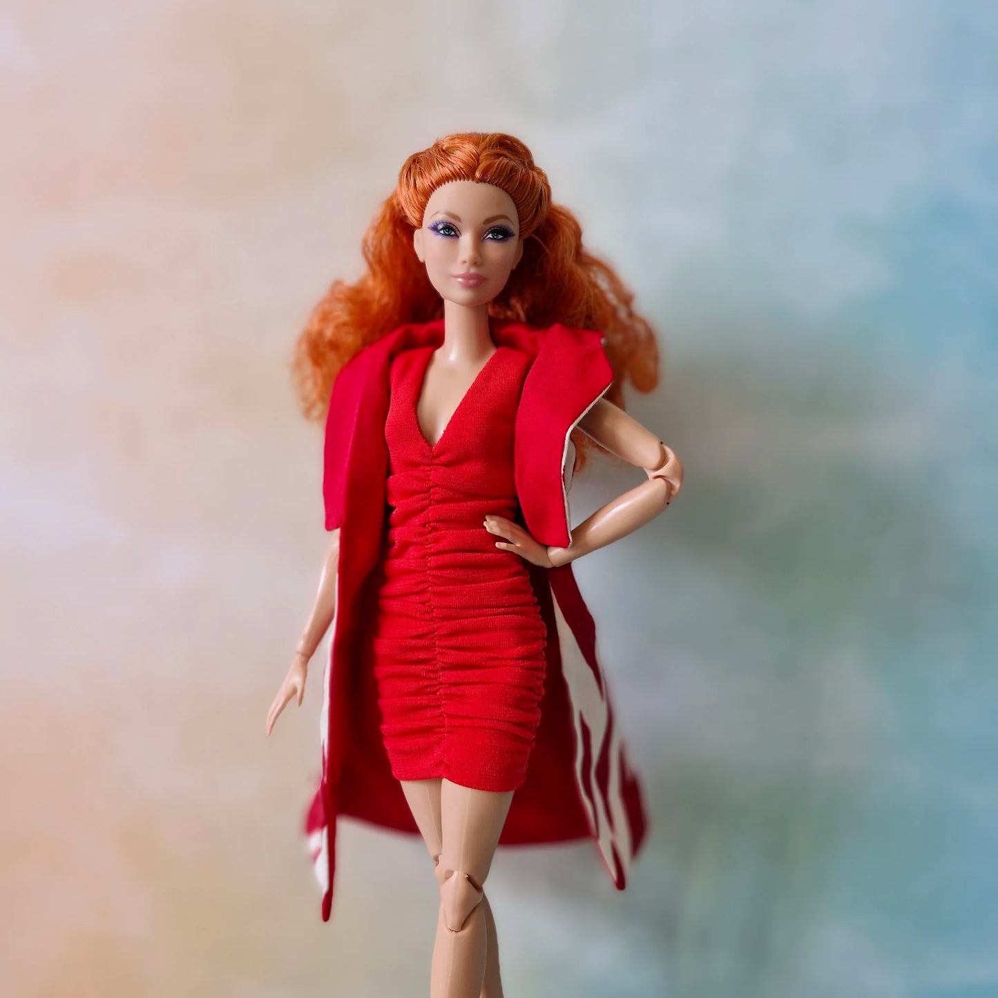 Barbie Outfit Set: Handmade Red Dress & Coat with Belt