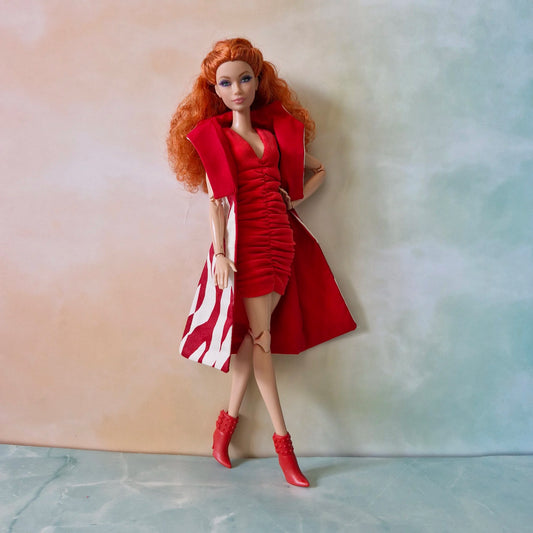 Barbie Outfit Set: Handmade Red Dress & Coat with Belt