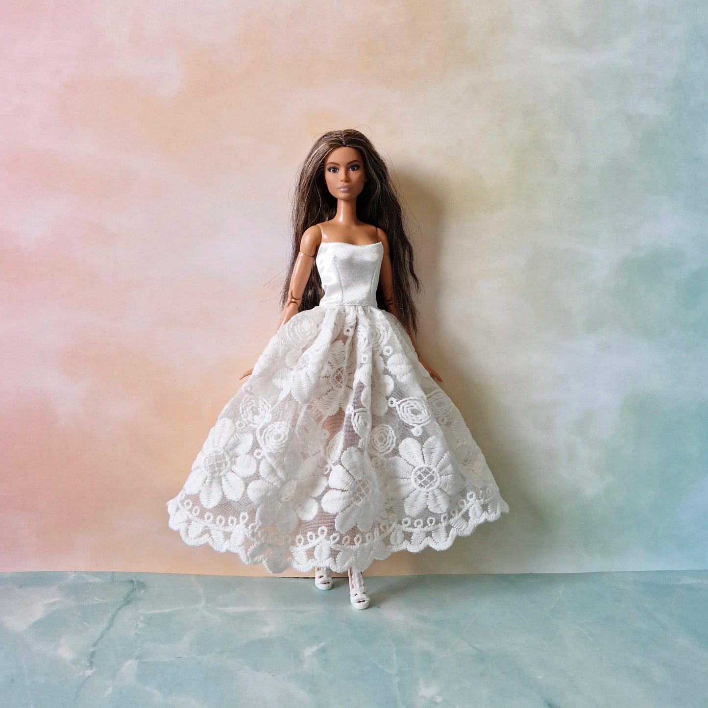 White strapless lace dress for Barbie doll