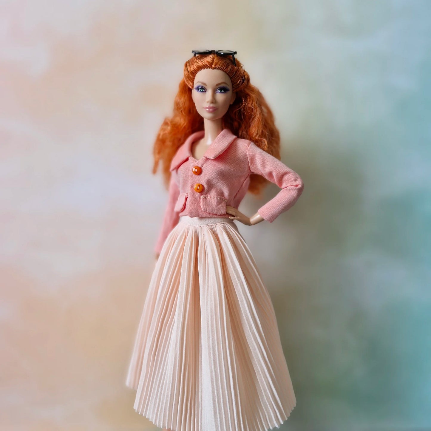 Cropped jacket with long sleeves and pleated midi skirt outfit for Barbie doll