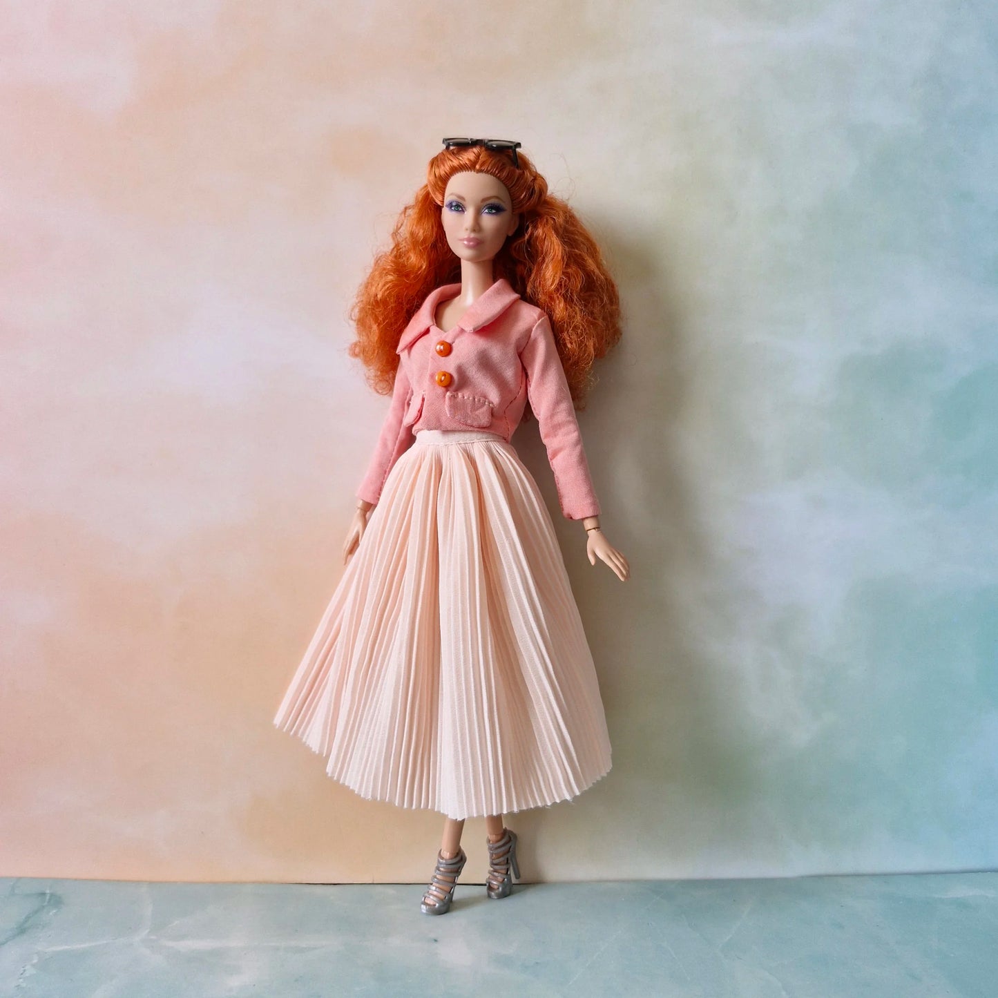 Cropped jacket with long sleeves and pleated midi skirt outfit for Barbie doll