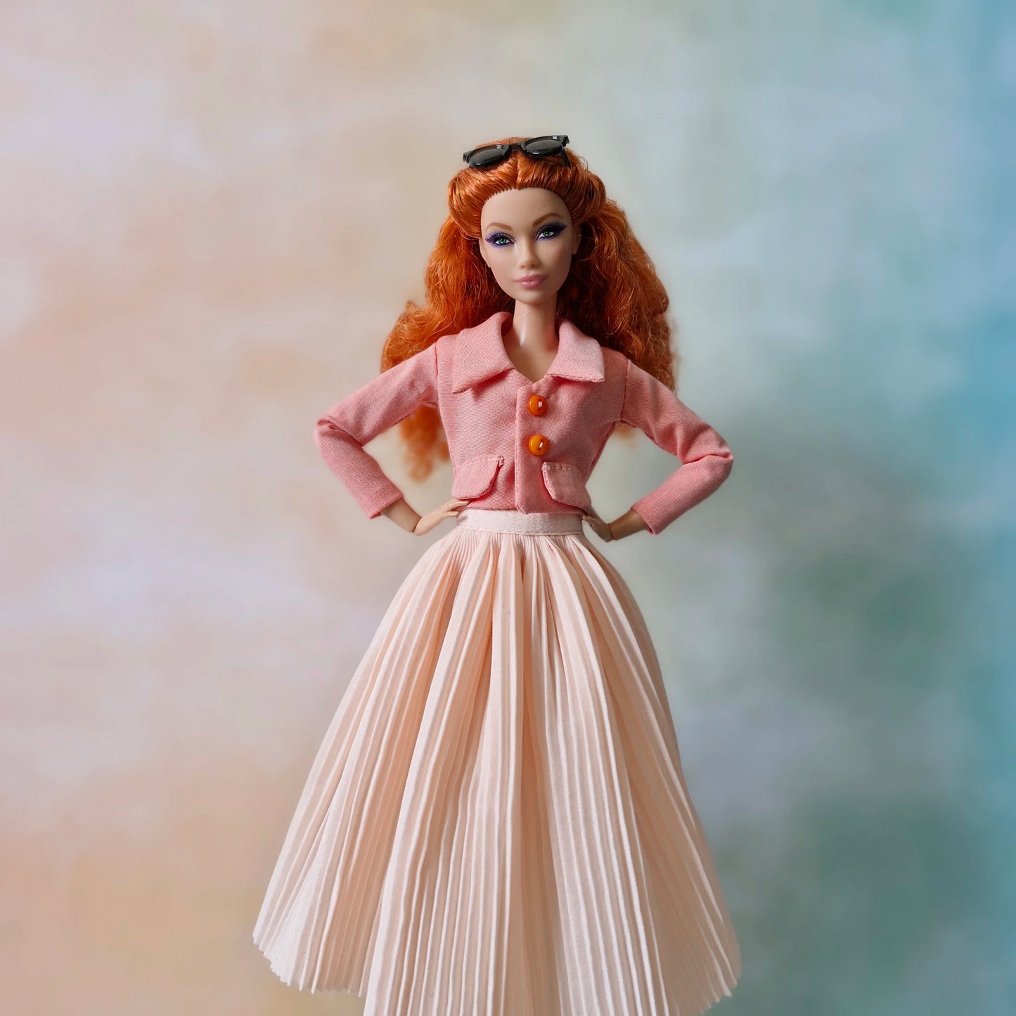 Cropped jacket with long sleeves and pleated midi skirt outfit for Barbie doll