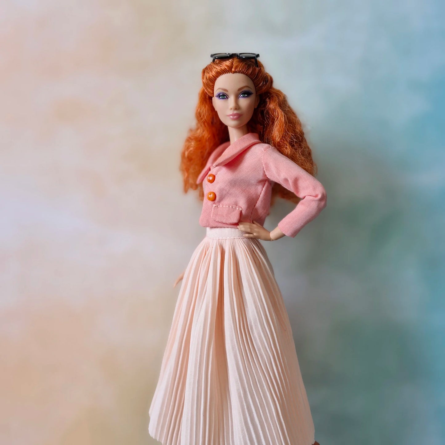 Cropped jacket with long sleeves and pleated midi skirt outfit for Barbie doll