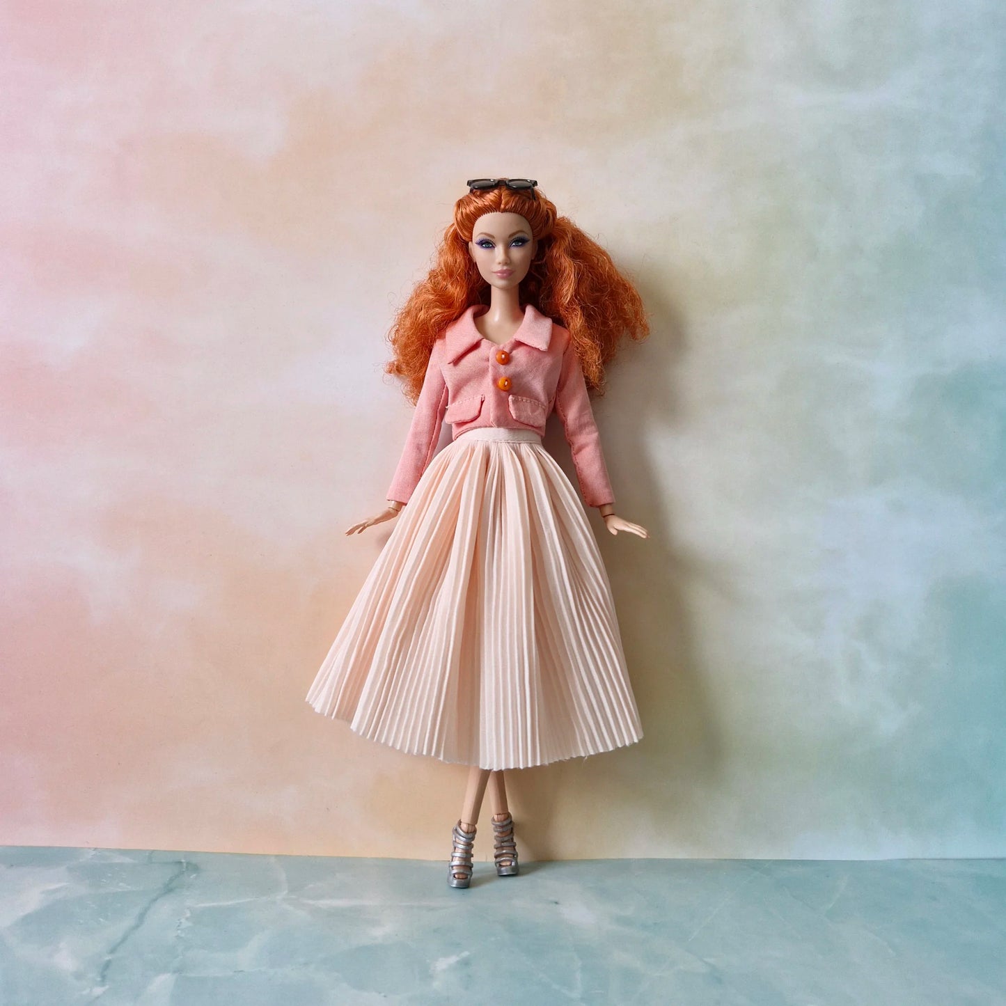 Cropped jacket with long sleeves and pleated midi skirt outfit for Barbie doll