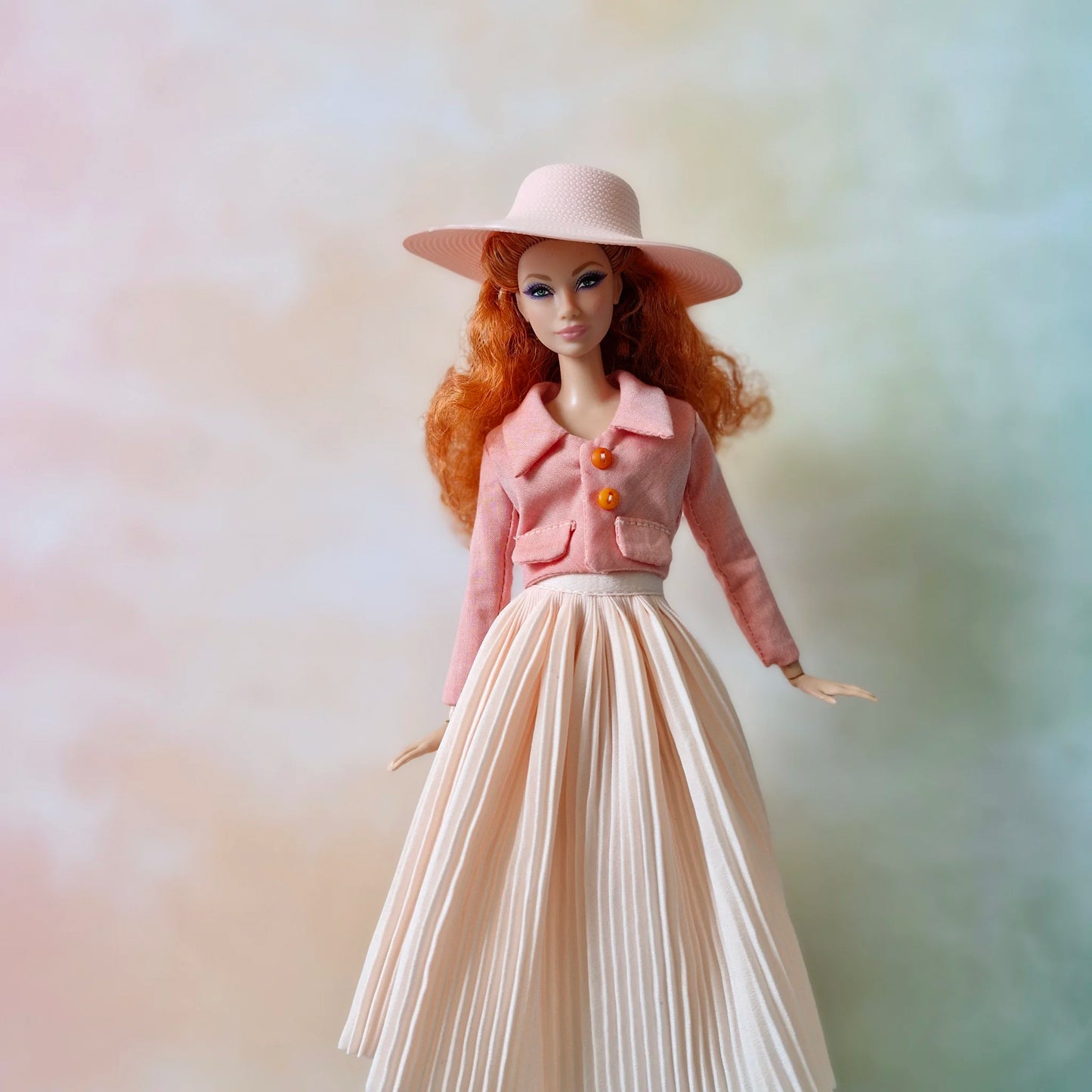 Cropped jacket with long sleeves and pleated midi skirt outfit for Barbie doll