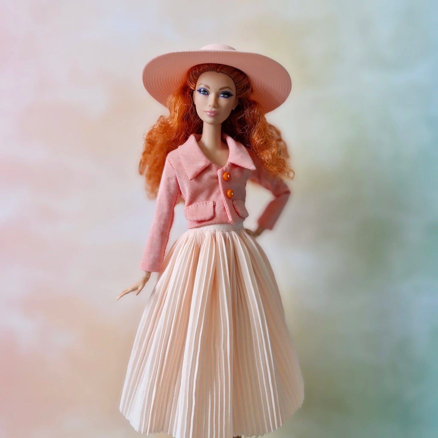 Cropped jacket with long sleeves and pleated midi skirt outfit for Barbie doll