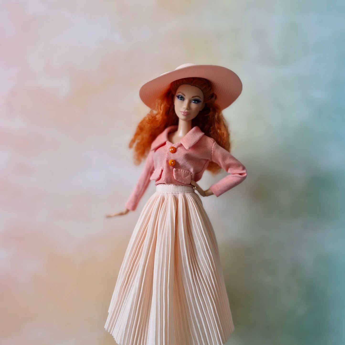 Cropped jacket with long sleeves and pleated midi skirt outfit for Barbie doll