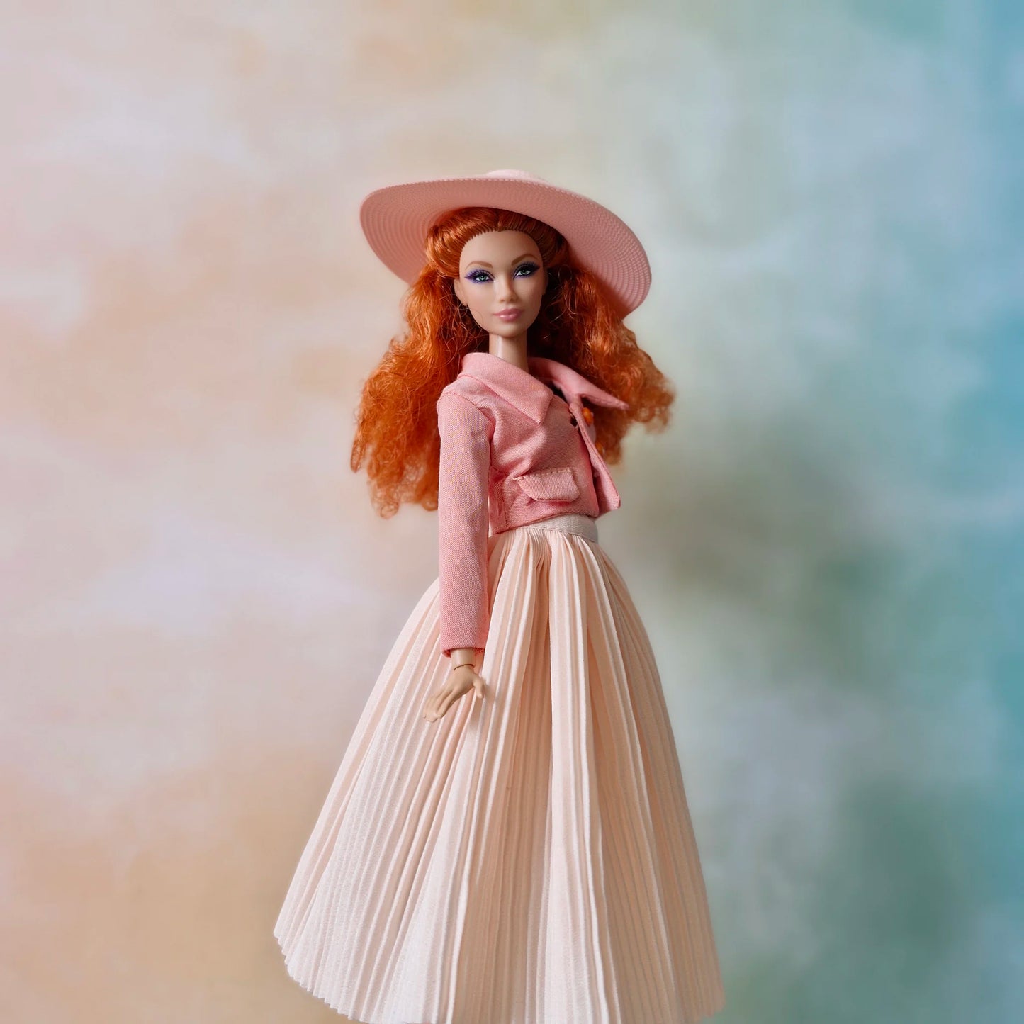 Cropped jacket with long sleeves and pleated midi skirt outfit for Barbie doll