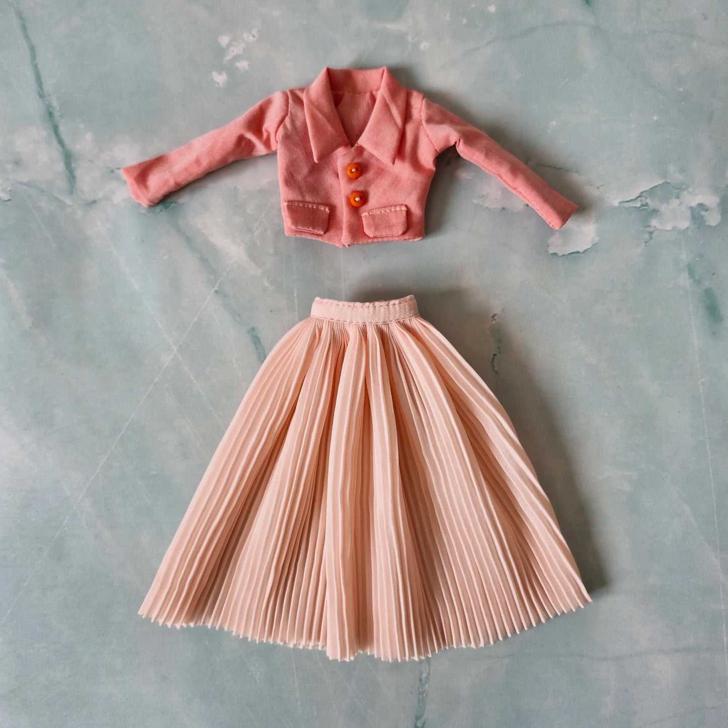 Cropped jacket with long sleeves and pleated midi skirt outfit for Barbie doll