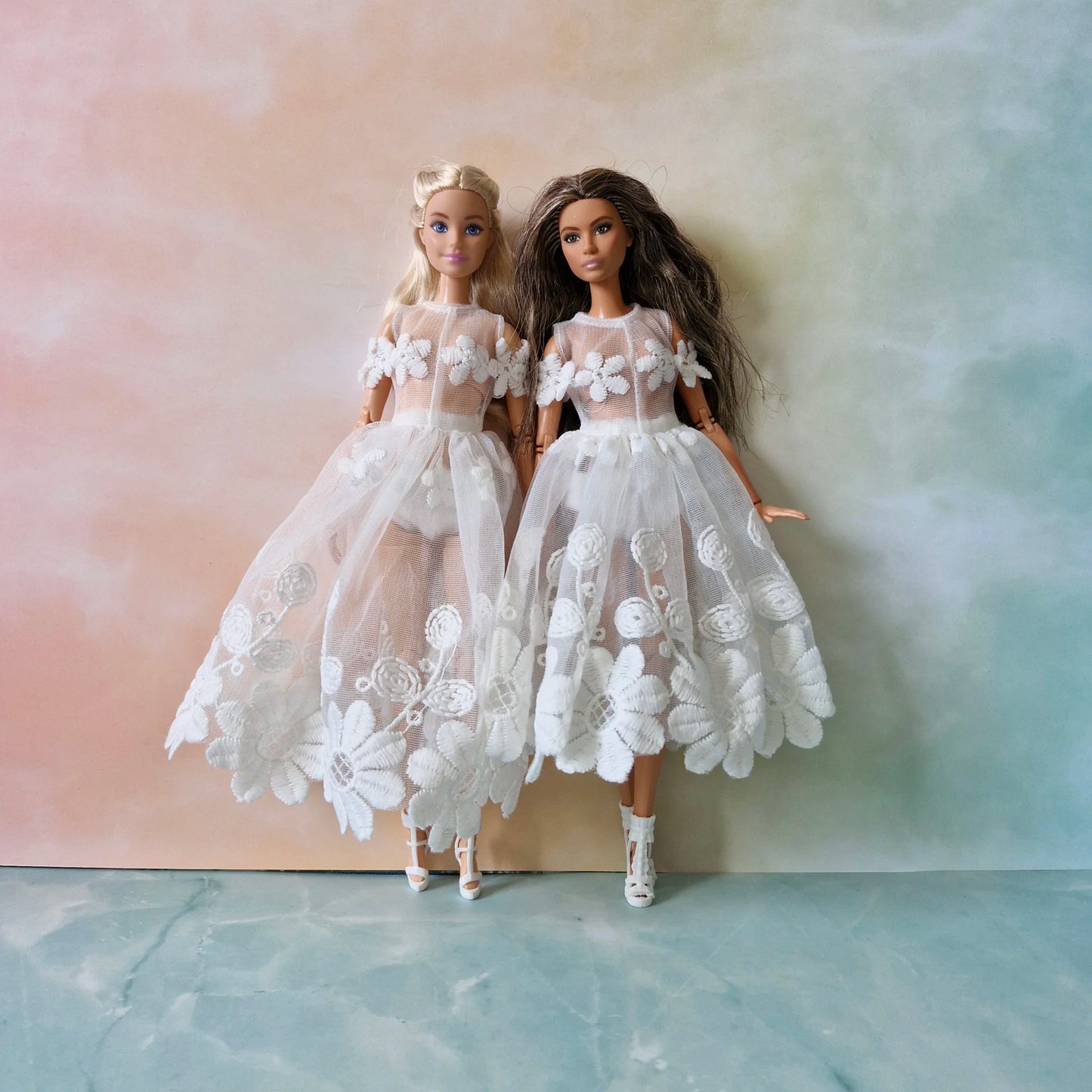 Elegant White Floral Embroidered Tulle Dress for Barbie doll