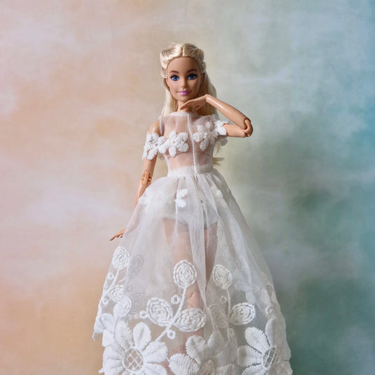 Elegant White Floral Embroidered Tulle Dress for Barbie doll